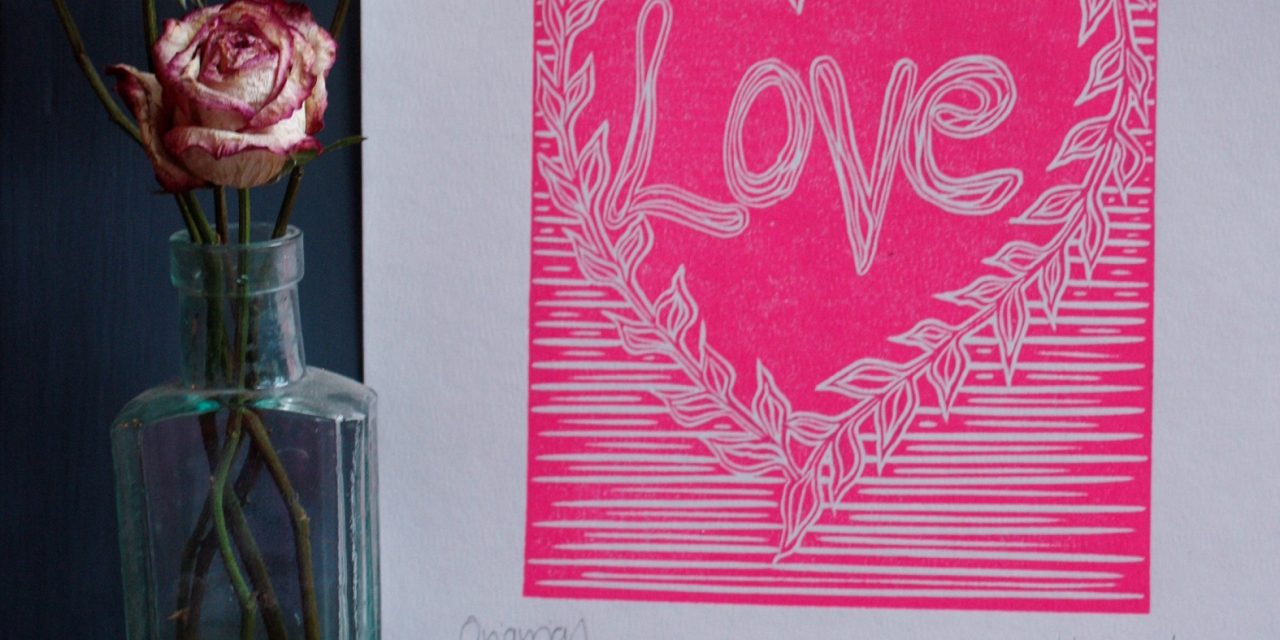 ‘Love’ lino print for Valentine’s Day by printmaker Hannah Turlington