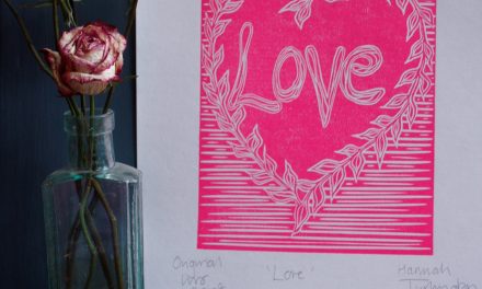 ‘Love’ lino print for Valentine’s Day by printmaker Hannah Turlington