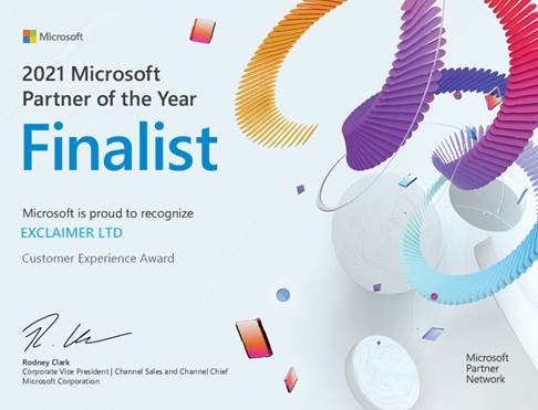 Exclaimer Recognized as a Finalist of 2021 Microsoft Customer Experience Partner of the Year